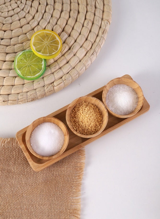 MAIDI Natural Bamboo 3-Bowl & Tray Tableware Set - Home & Restaurant Seasoning Sauce Snack Dishes, Japanese Minimalist Dessert Nut Storage Plates, Detachable Healthy Eco-Friendly Wooden Dipping Bowls - Image 3